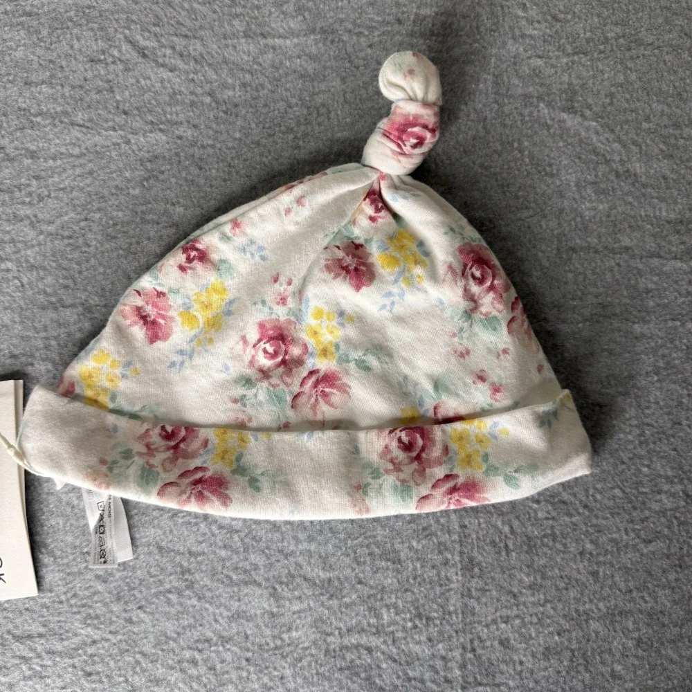 New Janie And Jack White Pink‎ Floral Top Knot Baby Hat 18-24 Months